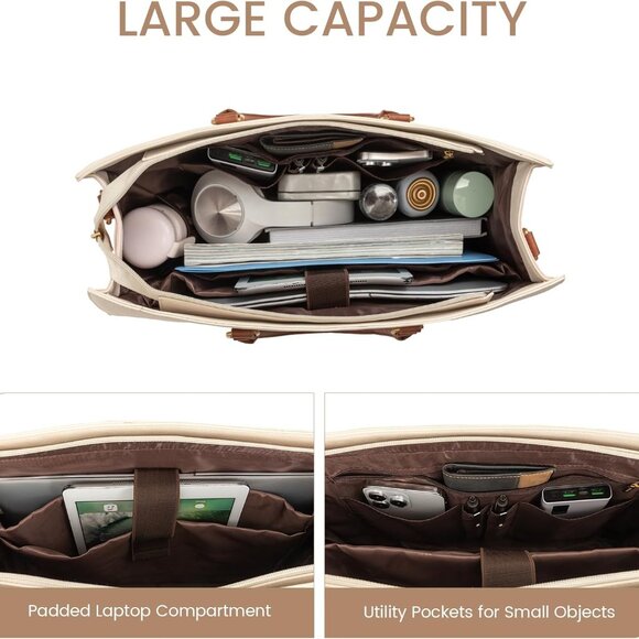 Vintage Leather 15.6 Inch White and Blue Women's Laptop Tote Bag with Clutch, Wa - Picture 3 of 8